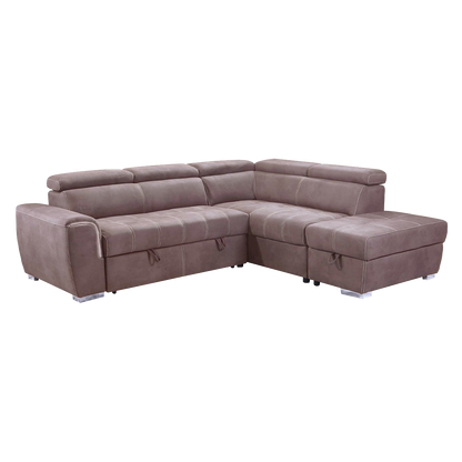 Nevada Mushroom Suede Corner Sofa Bed Tilting Headrest + Storage Ottoman