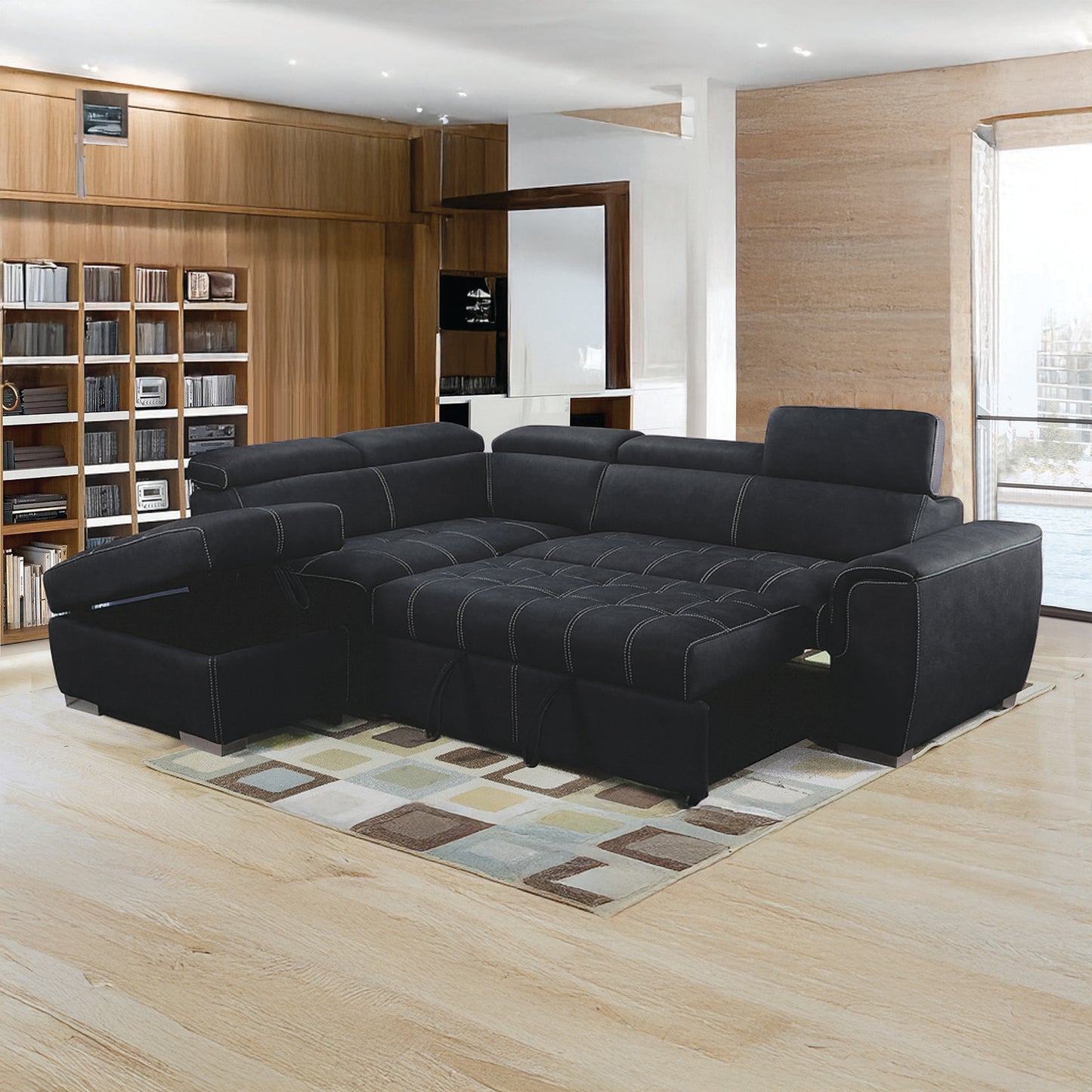 Nevada Black Suede Corner Sofa Bed Tilting Headrest + Storage Ottoman