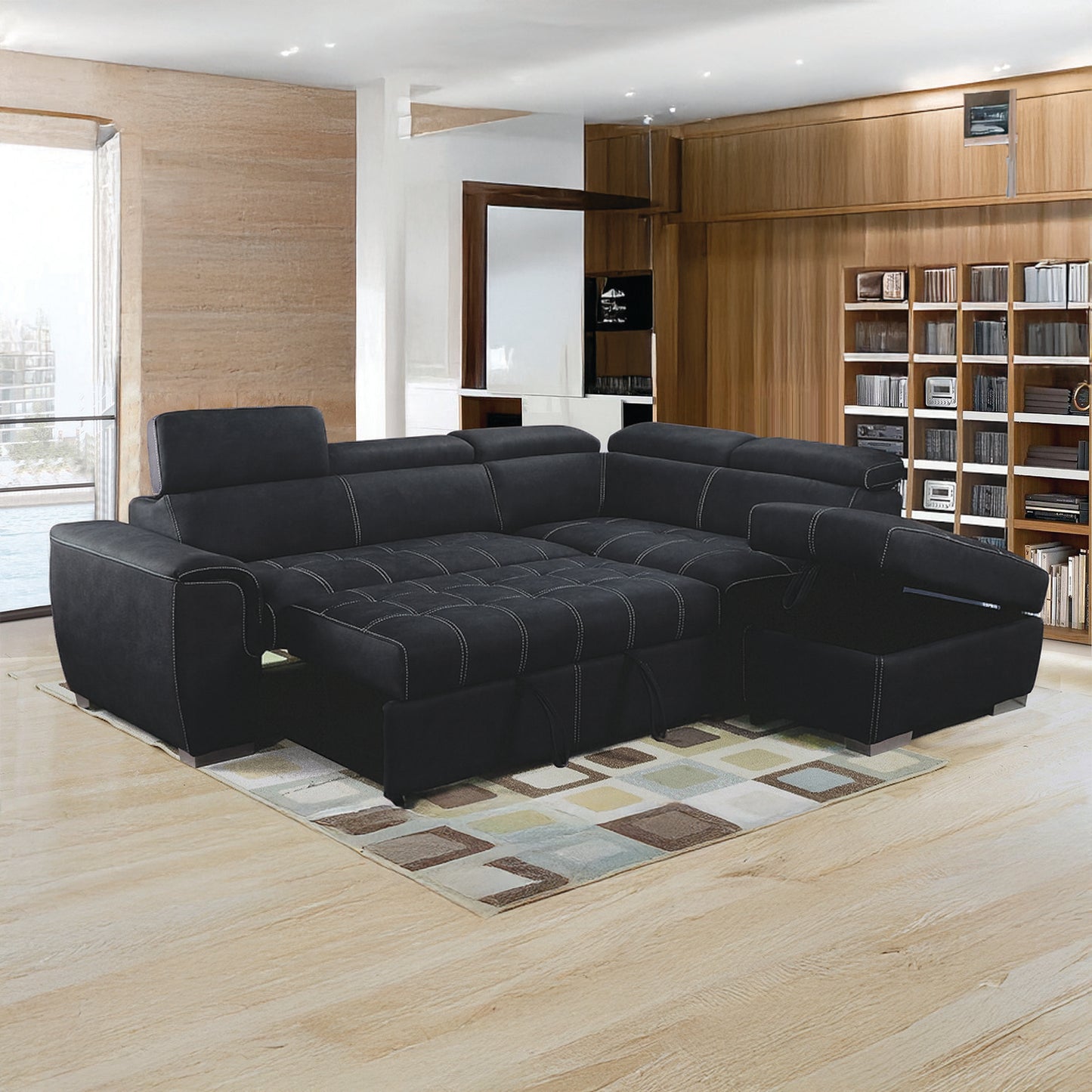 Nevada Black Suede Corner Sofa Bed Tilting Headrest + Storage Ottoman