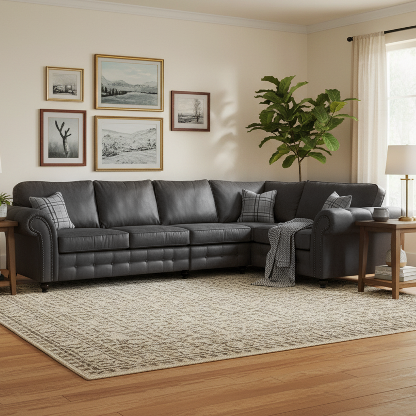 Oakland Long 5 Seater Leather Corner Sofa Chesterfield Style