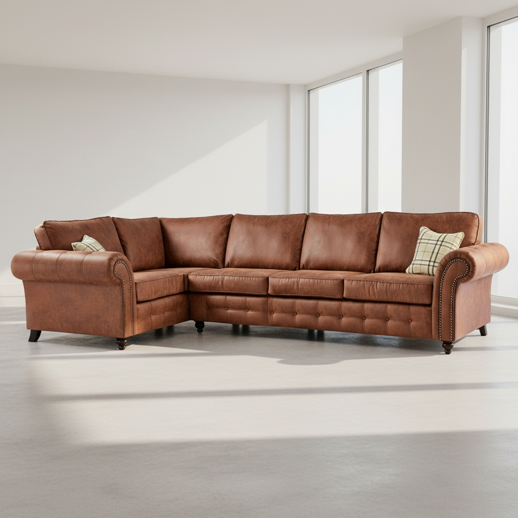 Oakland Long 5 Seater Leather Corner Sofa Chesterfield Style