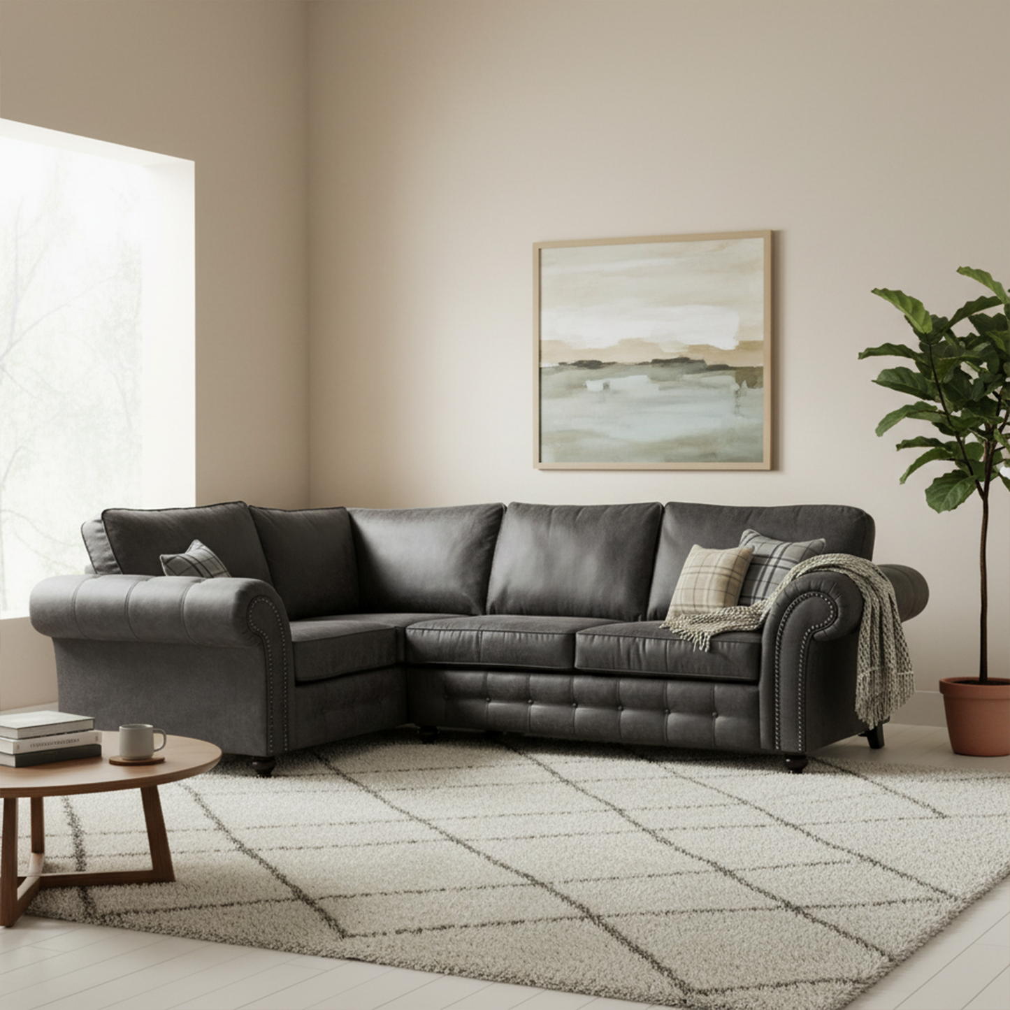 Oakland 4 Seater Leather Corner Sofa Chesterfield Style