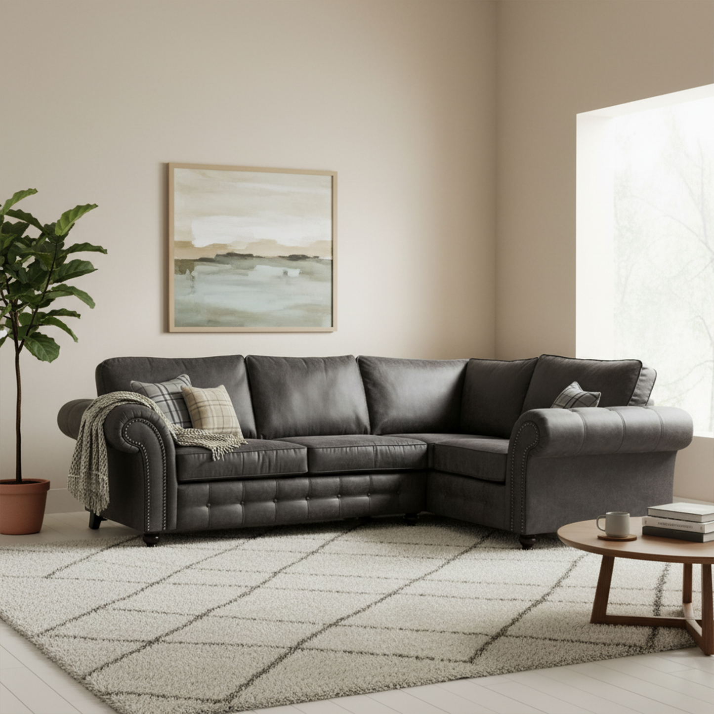 Oakland 4 Seater Leather Corner Sofa Chesterfield Style