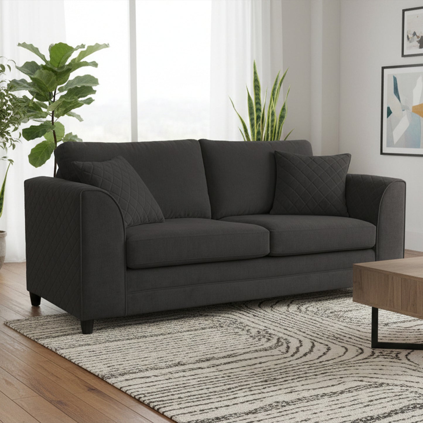 Quilted Full Fabric Chenille 3 Seater Sofa