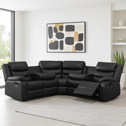 Leather 5 Seater Reclining Corner Sofa + Drinks Tray