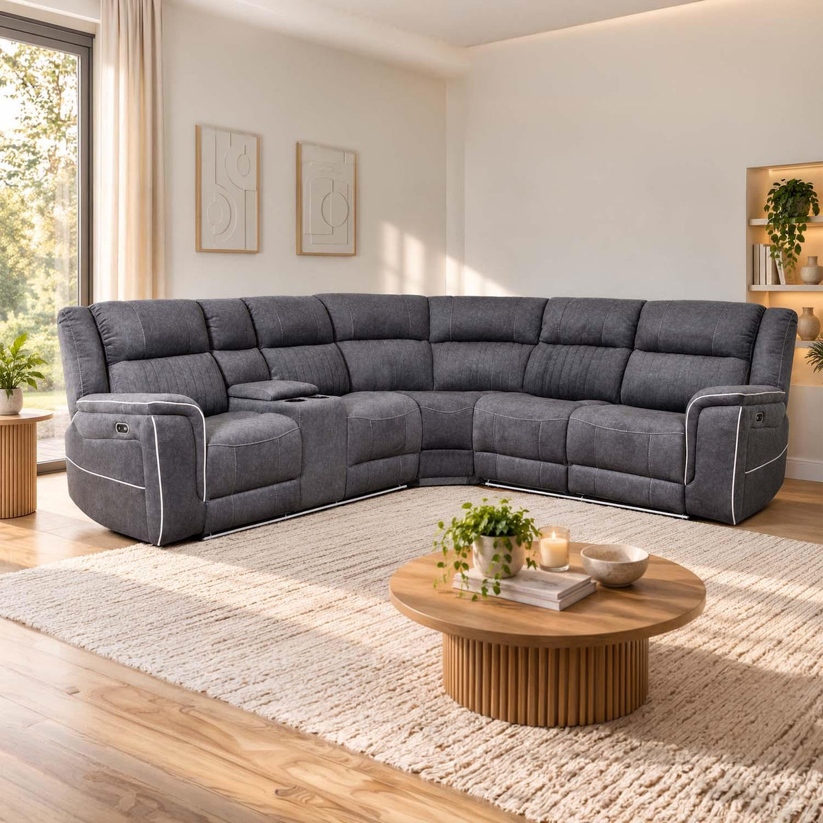 Anna Grey Fabric 5 Seater Electric Recliner Corner Sofa USB