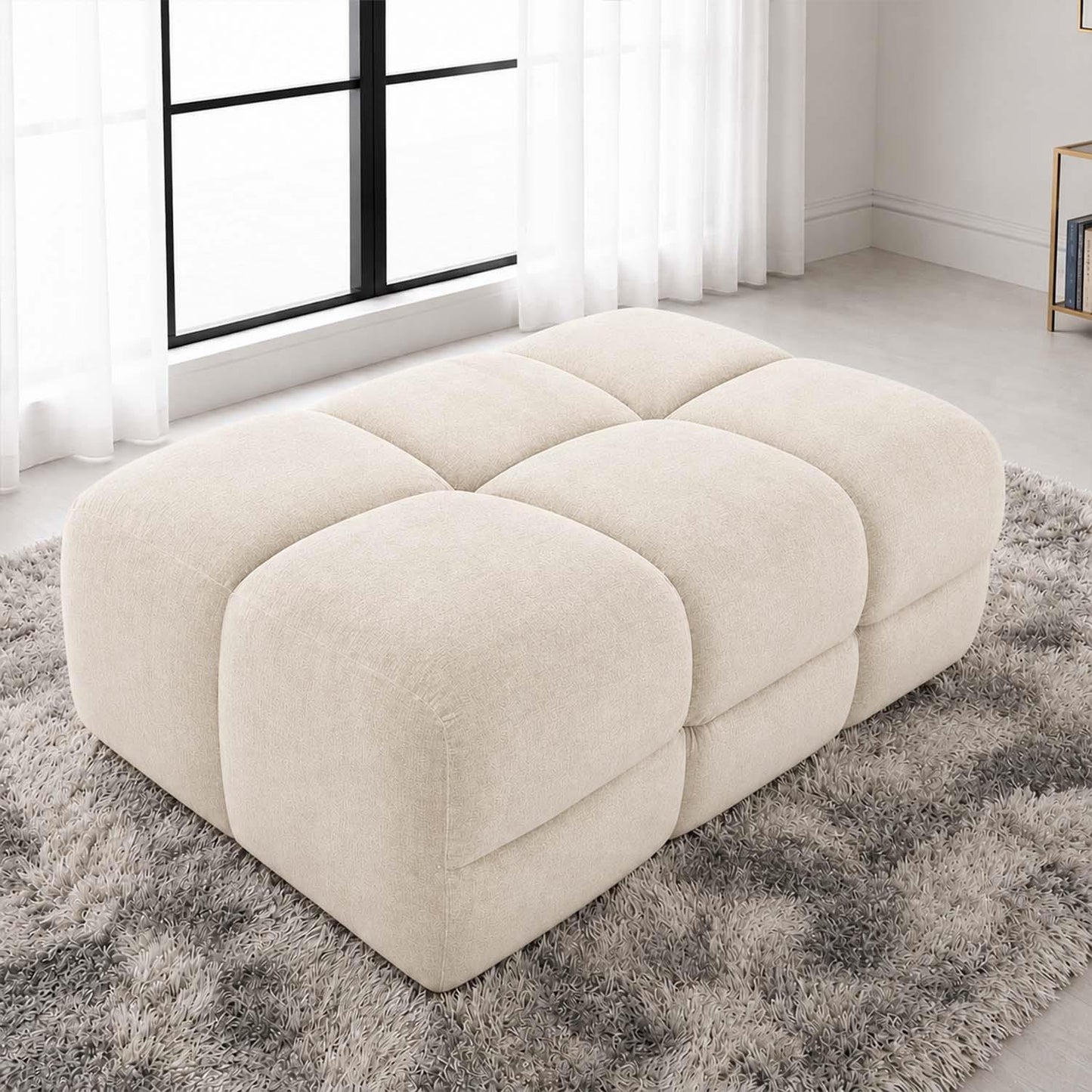 Jenson Large Plush Velvet Footstool Pouffe with Cross Stitch Detail
