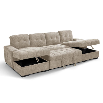 Luna U Shaped Sofa Bed Dual Storage Chaise Beige Grey or Teal