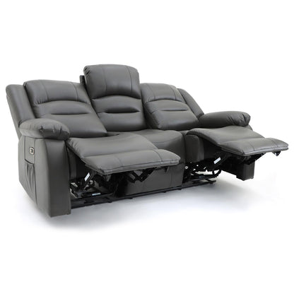 Arlo Black or Grey Leather Like Electric Reclining Sofa Suite 3 + 2 USB + Drinks Tray