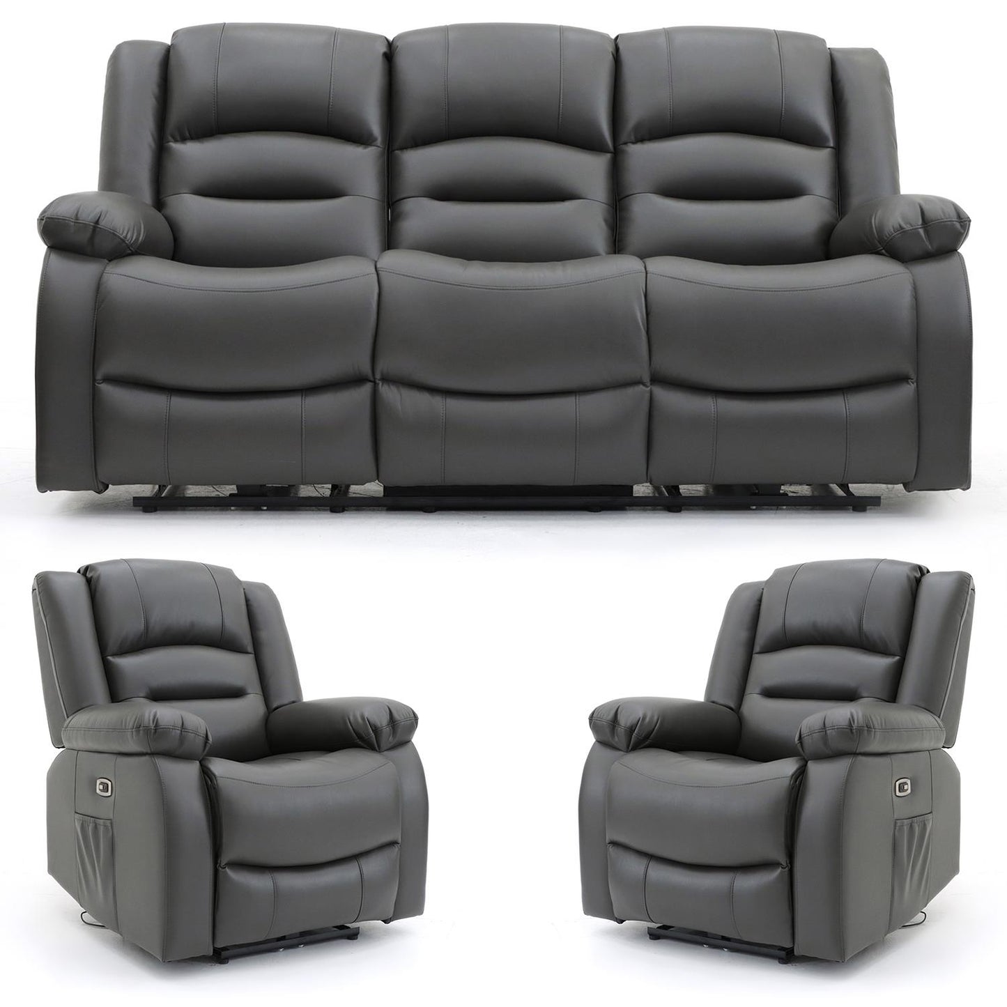 Arlo Leather Like Black or Grey 3 Piece Electric Reclining Sofa Suite 3 + 1 + 1 USB Drink Tray Arlo Black or Grey Leather Like Electric Reclining Armchair | Furnishings For Less UK