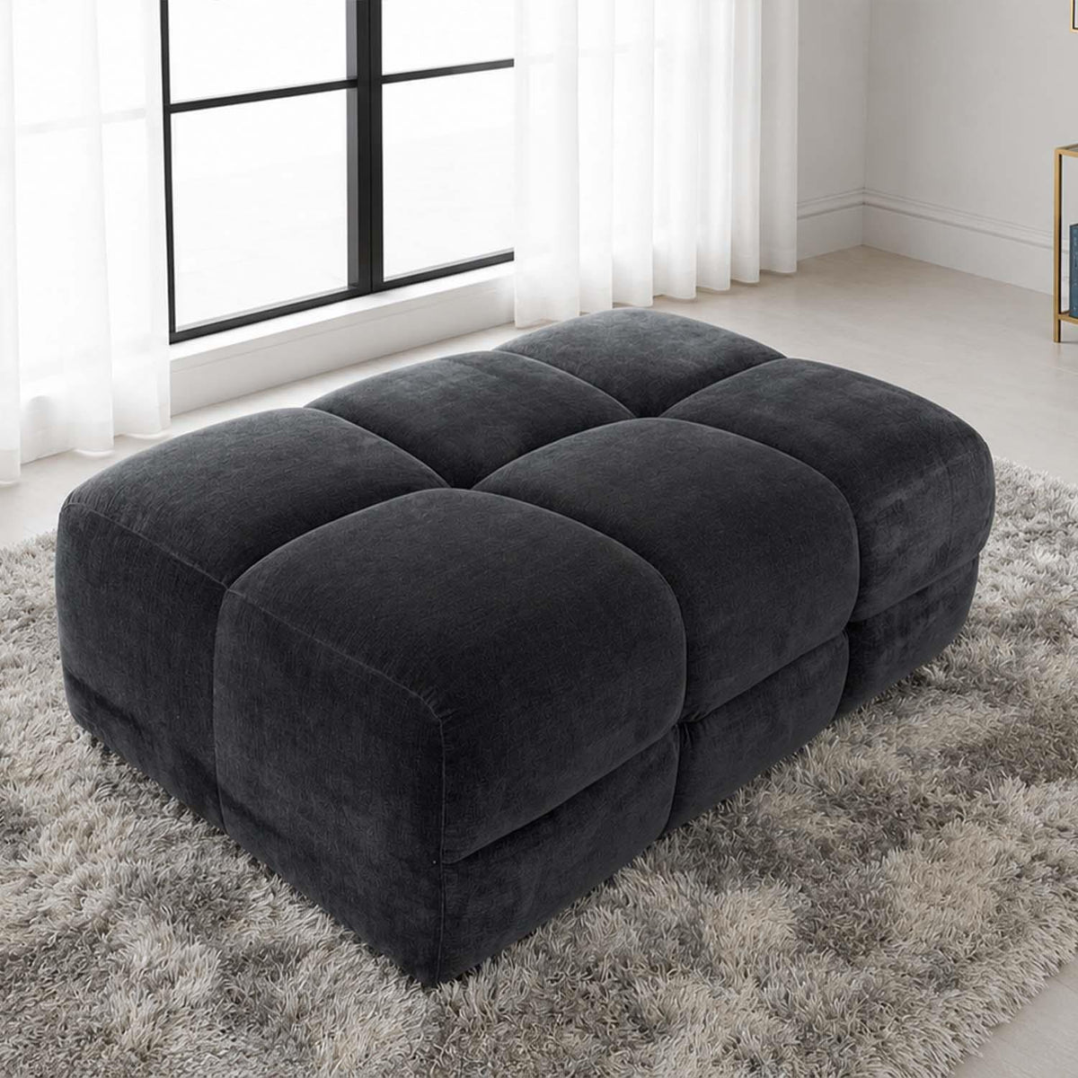 Jenson Large Plush Velvet Footstool Pouffe with Cross Stitch Detail