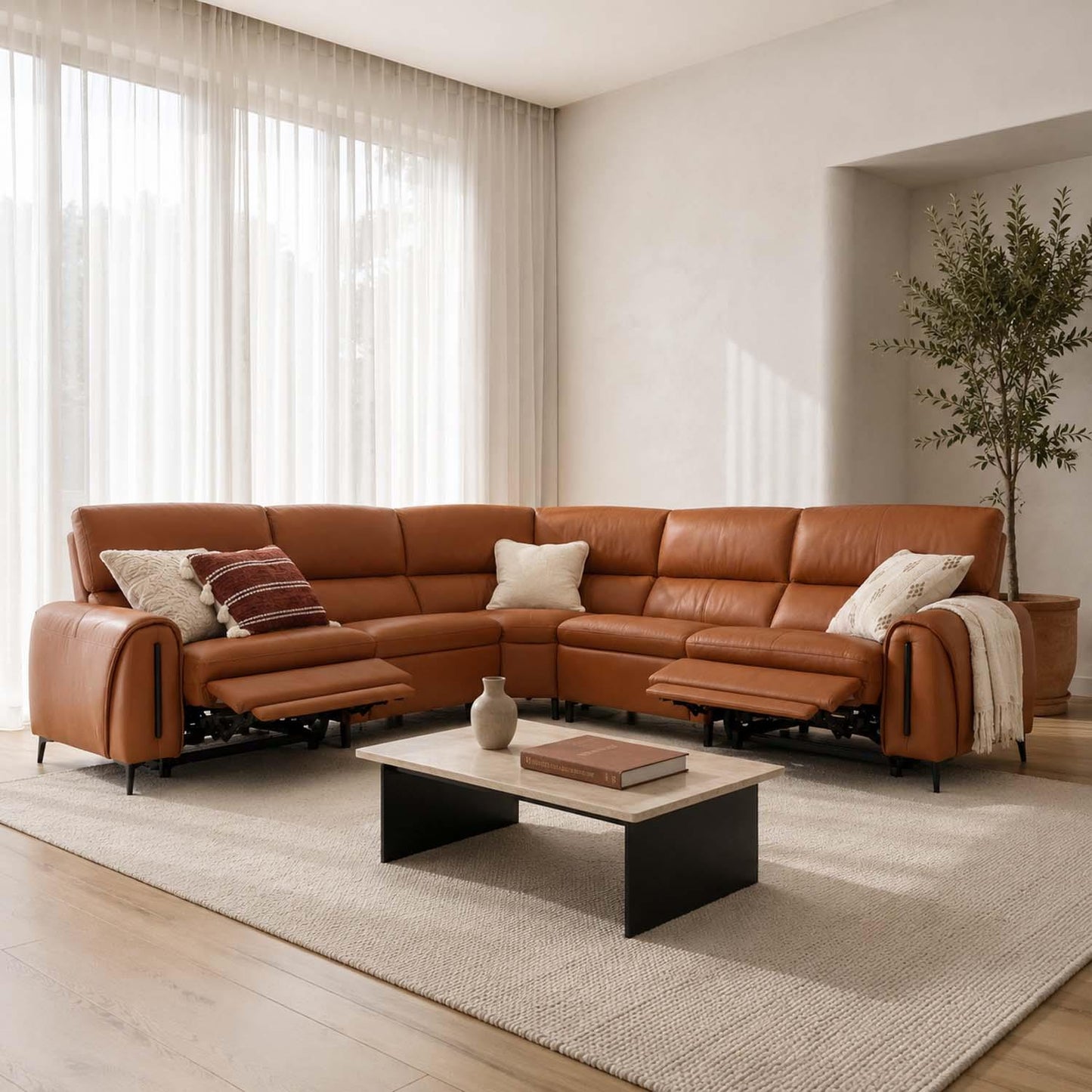 Aria L Shaped  Electric Recliner Sofa Tan Large Corner 5 Seater