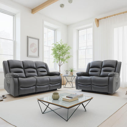 Arlo Leather Like Black or Grey 3 + 2 Electric Reclining Sofa Suite USB Charging + Drinks Tray
