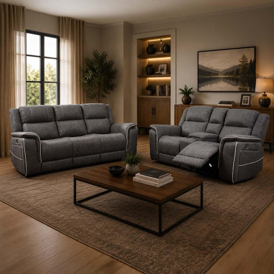 Anna Grey Fabric Electric Reclining Sofa Suite USB Charging Cup Holder