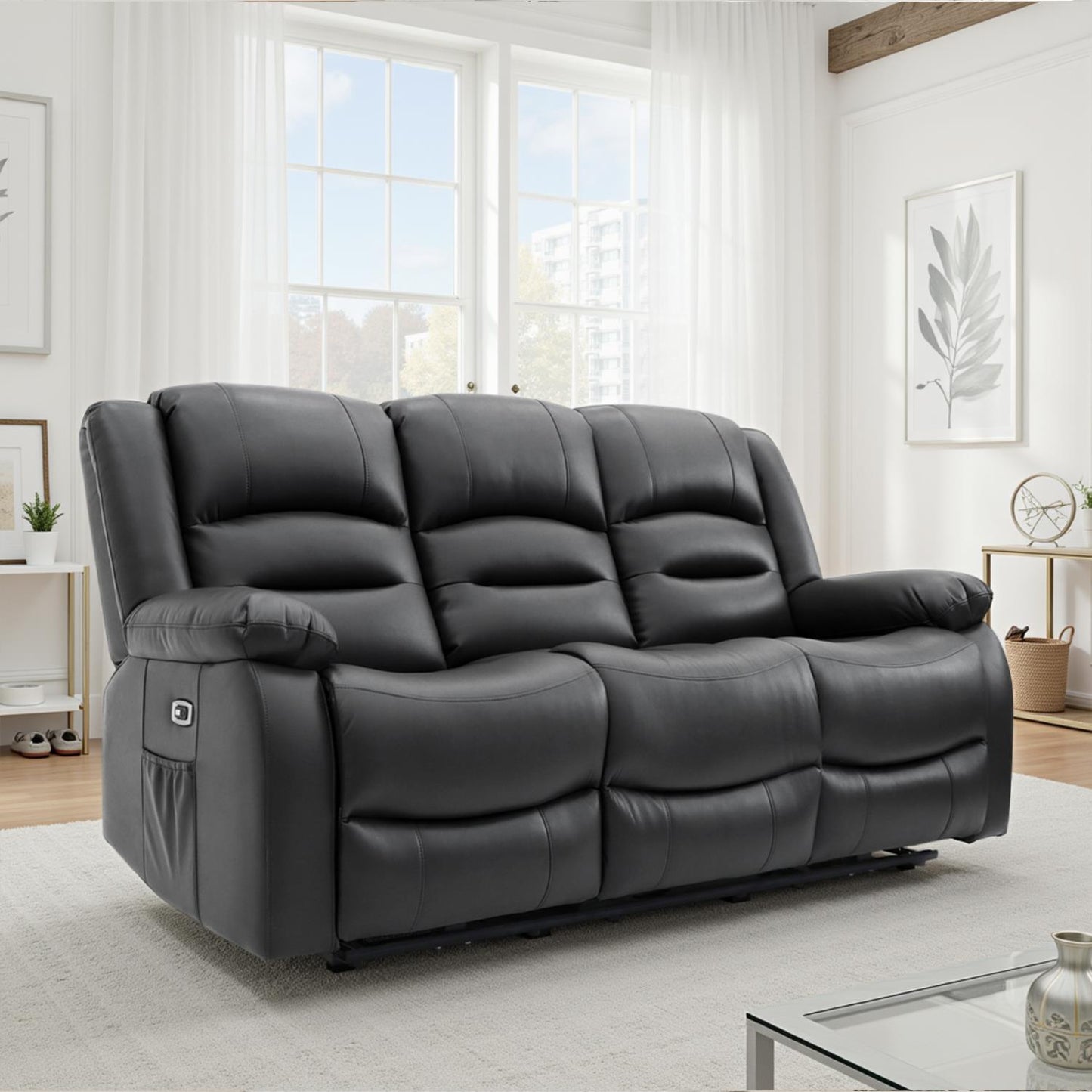 Arlo Leather Like Black or Grey 3 + 2 Electric Reclining Sofa Suite USB Charging + Drinks Tray