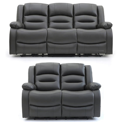Arlo Leather Like Black or Grey 3 + 2 Electric Reclining Sofa Suite USB Charging + Drinks Tray