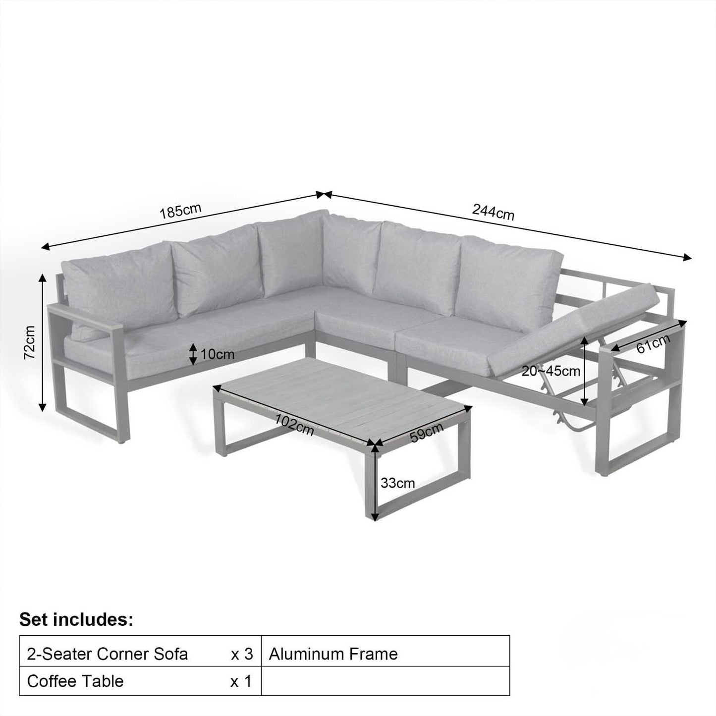 Aluminium Charcoal L Shaped LHF Outdoor Garden Furniture Coffee Table