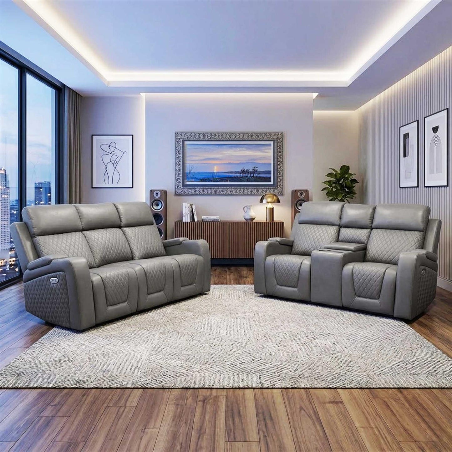 Felix Black or Grey Leather Electric Reclining Sofa Suite USB Cup Holder