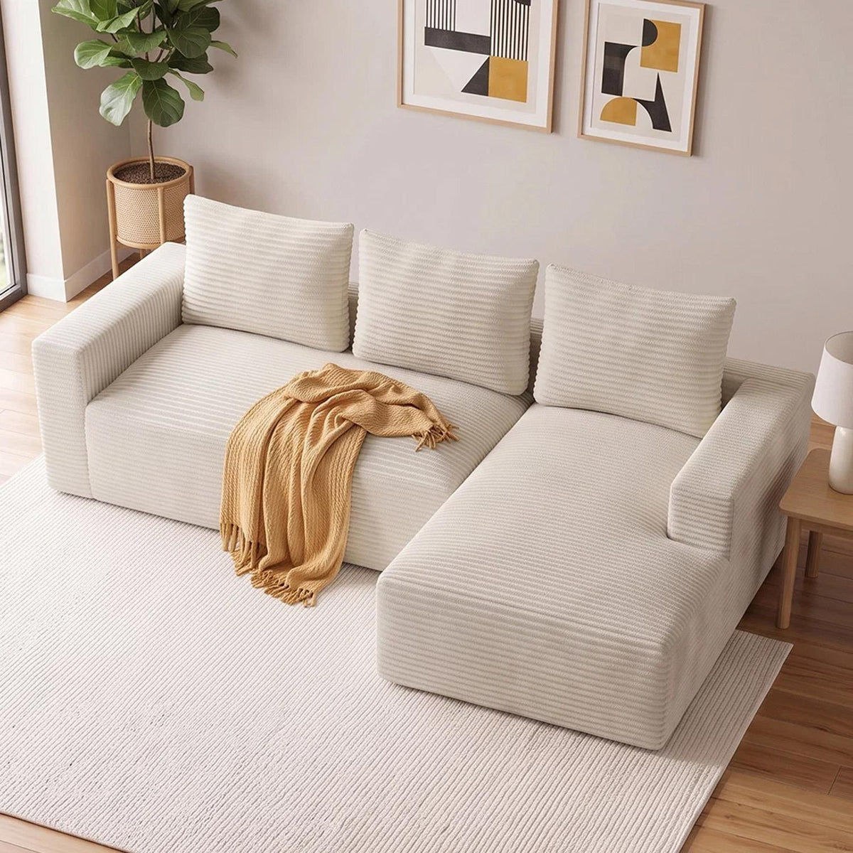 Lilly L Shaped Cord Cloud Sofa Boneless Chaise Beige or Black