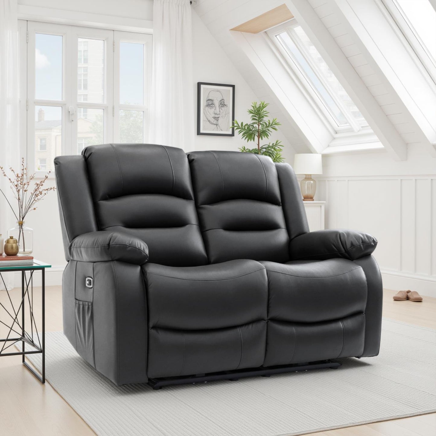 Arlo Leather Like Black or Grey 3 + 2 Electric Reclining Sofa Suite USB Charging + Drinks Tray