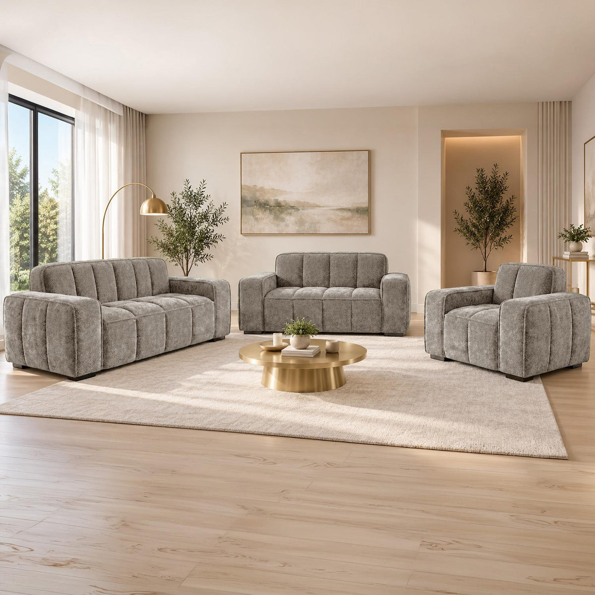 Preston 3 2 1 Sofa Suite Woven Fabric 3 Piece Set Beige Grey Olive