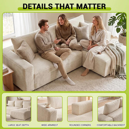 Lilly L Shaped Cord Cloud Sofa Boneless Chaise Beige or Black