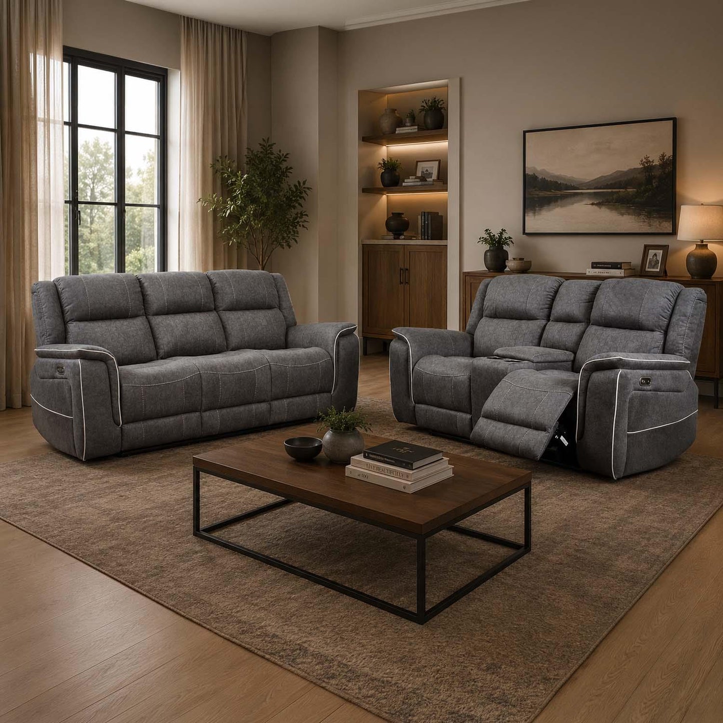 Anna Grey Fabric Electric Reclining Sofa Suite USB Charging Cup Holder