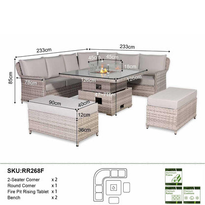 Rattan Garden Corner Sofa Set with Rising Fire Pit Table & Bench