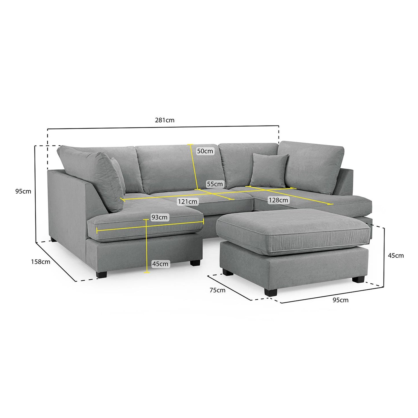 California Classic Fabric Beige, Black or Grey U shaped 6 Seater Sofa