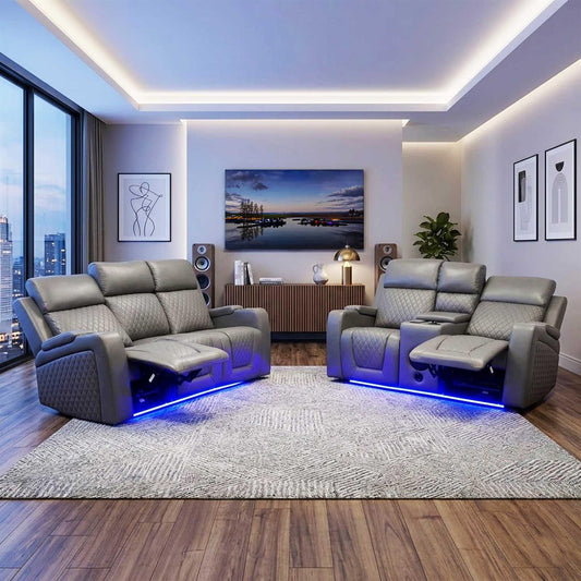 Felix Black or Grey Leather Electric Reclining Sofa Suite USB Cup Holder