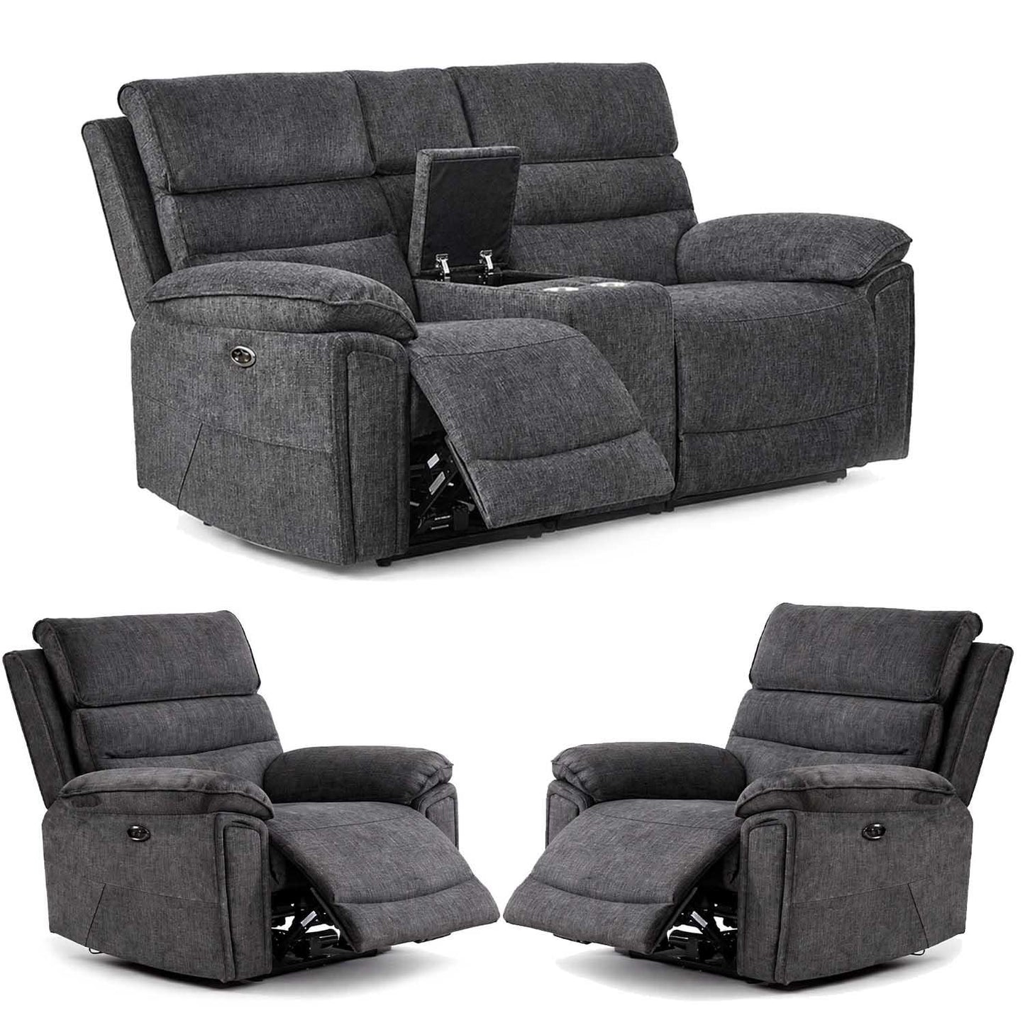 Sicily 3 Piece Electric Power Grey Fabric Recliners 2 + 1 + 1