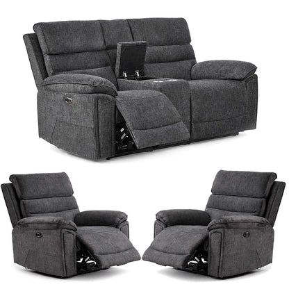 Sicily 3 Piece Electric Power Grey Fabric Recliners 2 + 1 + 1