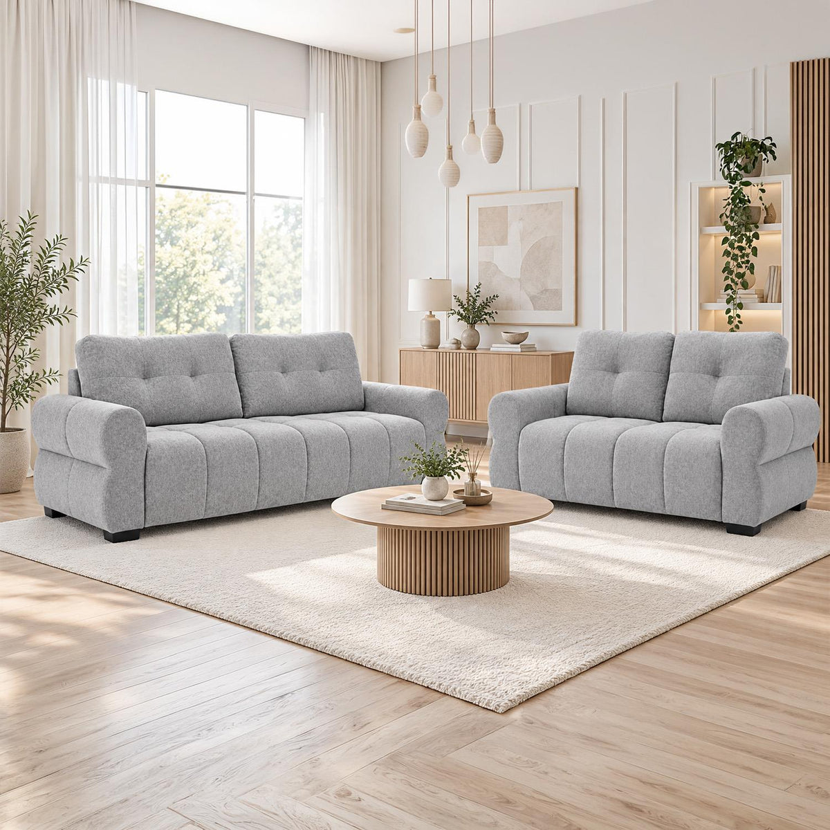 Sandford 3 2 Sofa Suite Fabric Set Rolled Arms Beige or Grey