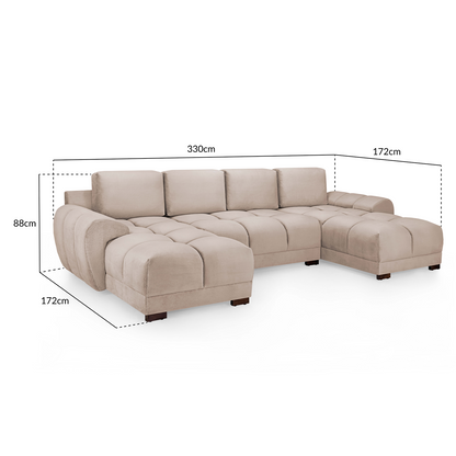 Zura Plush Velvet Large U Shaped 4 - 5 Seater Sofa  | Cream, Grey or Mocha