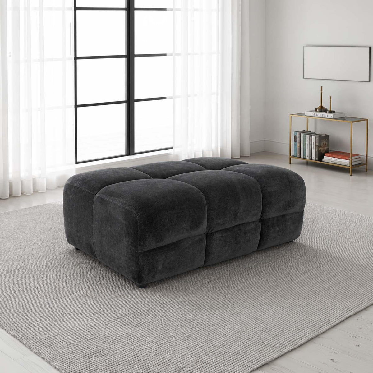 Jenson Large Plush Velvet Footstool Pouffe with Cross Stitch Detail