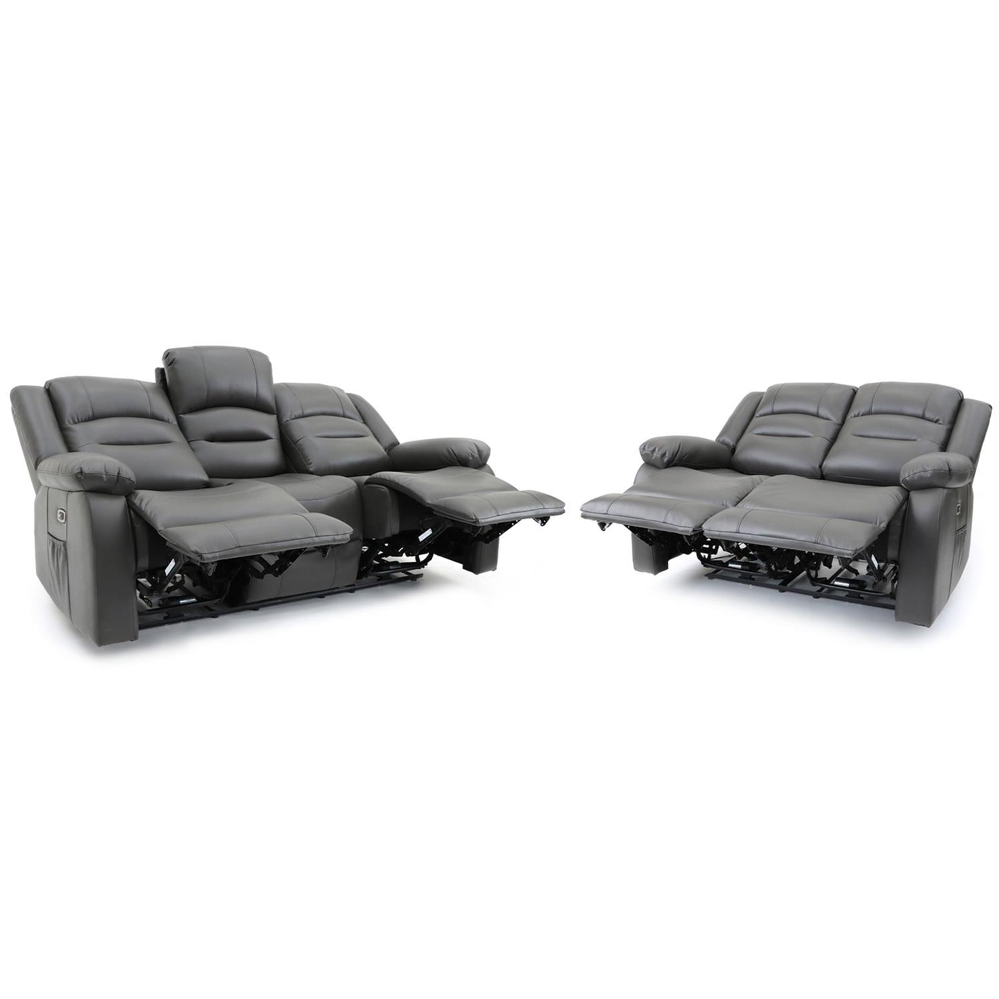 Arlo Leather Like Black or Grey 3 + 2 Electric Reclining Sofa Suite USB Charging + Drinks Tray
