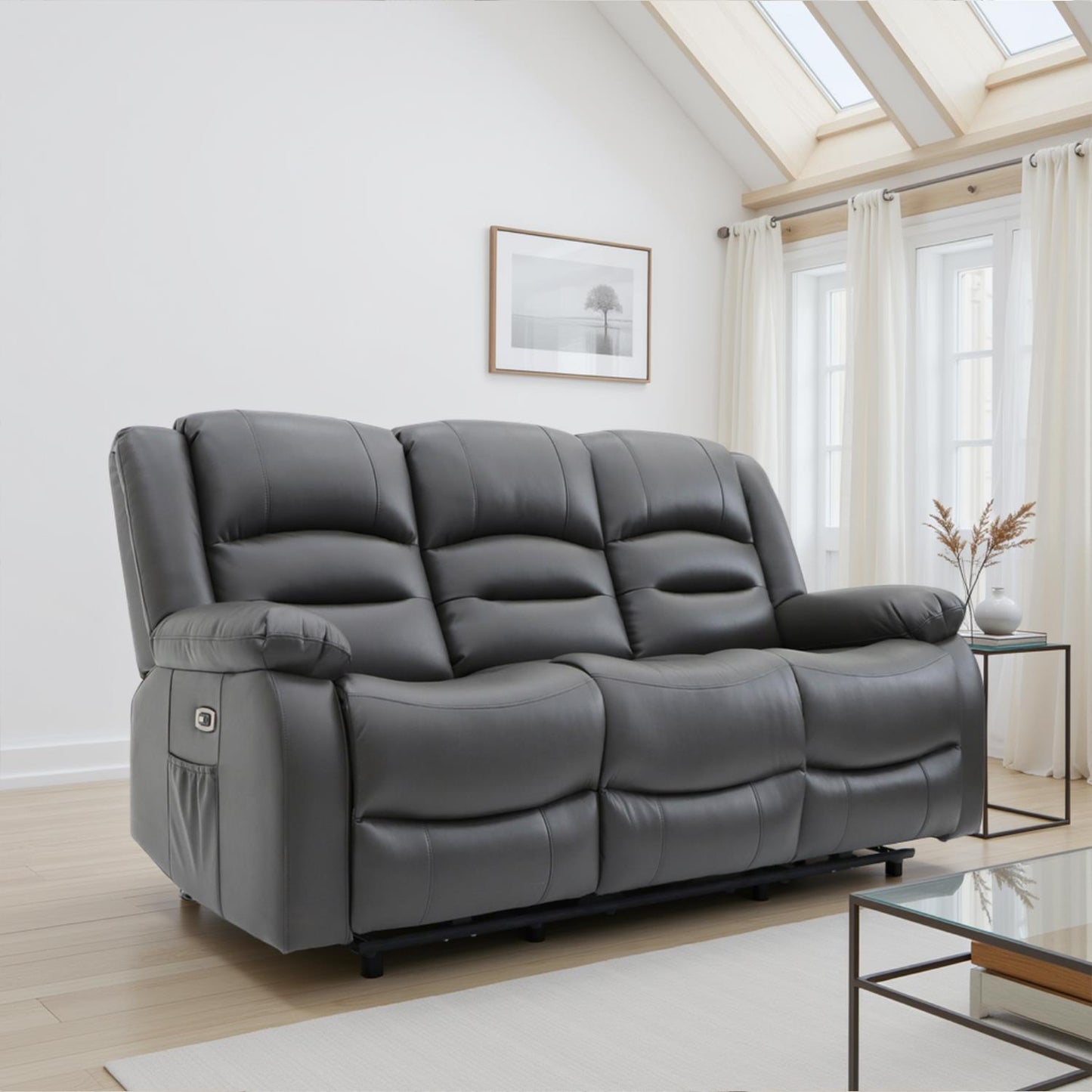 Arlo Black or Grey Leather Like Electric Reclining Sofa Suite 3 + 2 USB + Drinks Tray