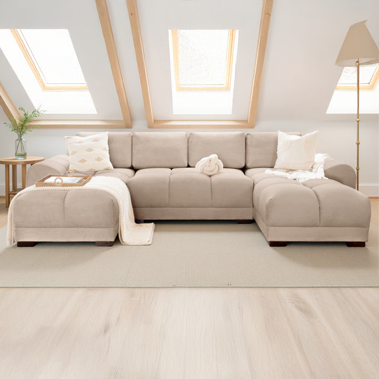 Zura Plush Velvet Large U Shaped 4 - 5 Seater Sofa  | Cream, Grey or Mocha