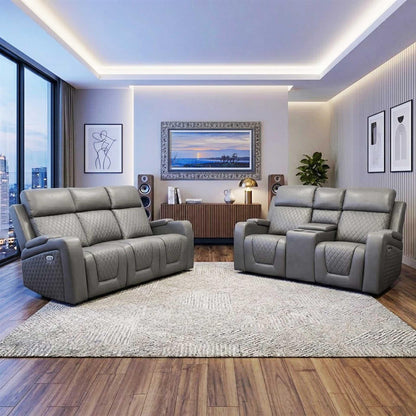 Felix Black or Grey Leather Electric Reclining Sofa Suite USB Cup Holder