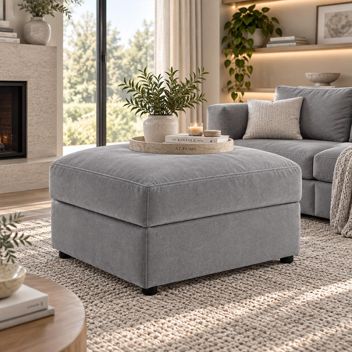 Mercer Plush Velvet Footstool Grey or Beige Padded Footrest