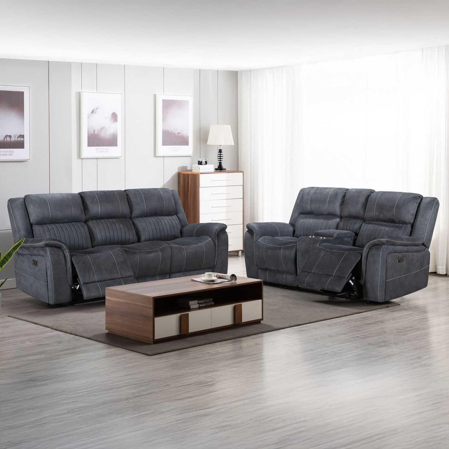 Cassandra Electric Recliner Sofa Range Grey Fabric USB 3 2 1