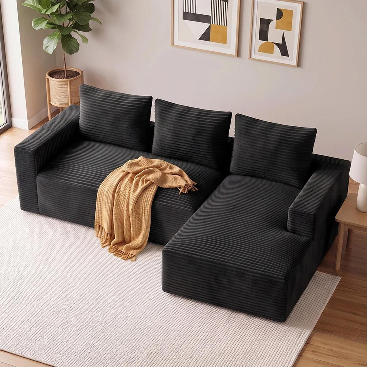Lilly L Shaped Cord Cloud Sofa Boneless Chaise Beige or Black