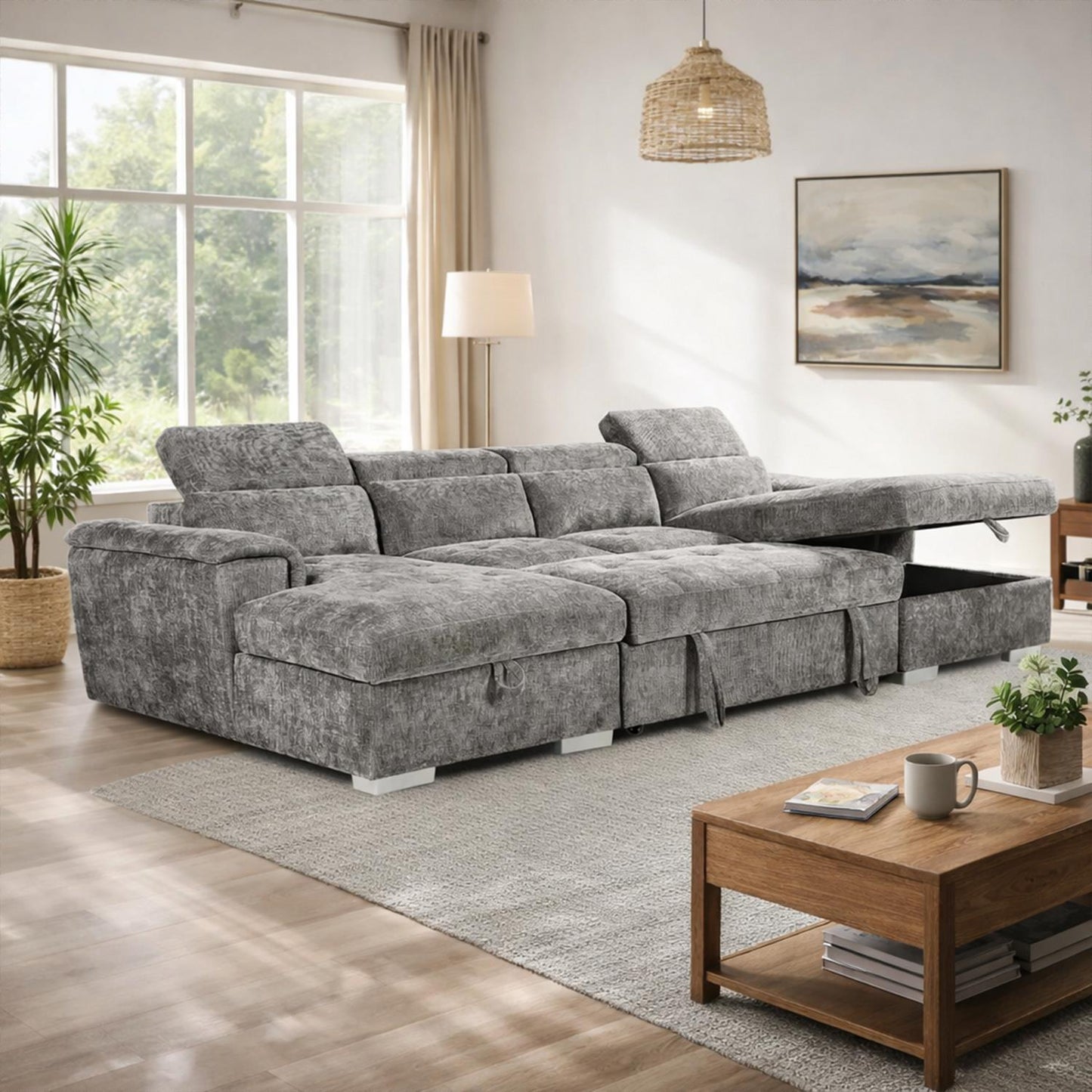 Alora 4–5 Seater Grey Fabric U-Shaped Sofa with Storage & Headrests