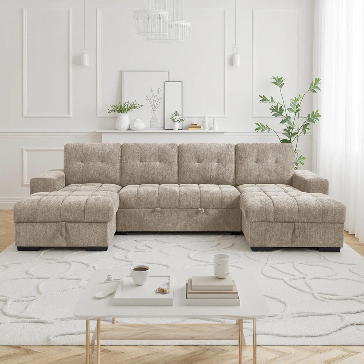 Luna U Shaped Sofa Bed Dual Storage Chaise Beige Grey or Teal