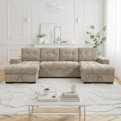 Luna U Shaped Sofa Bed Dual Storage Chaise Beige Grey or Teal