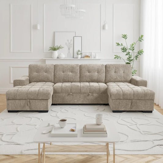 Luna U Shaped Sofa Bed Dual Storage Chaise Beige Grey or Teal