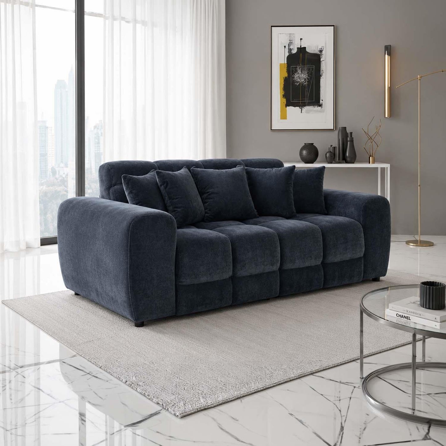 Jenson 3 Seater Plush Velvet Sofa with Deep Seats & Boxed Arms