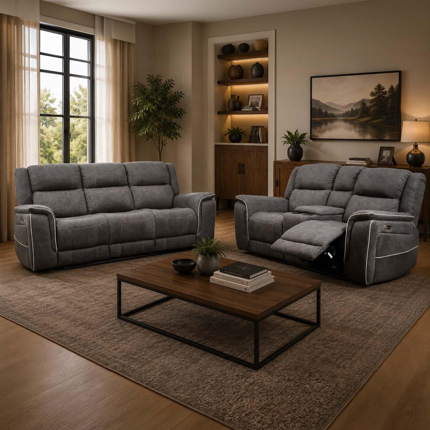Anna Grey Fabric Electric Reclining Sofa Suite USB Charging Cup Holder