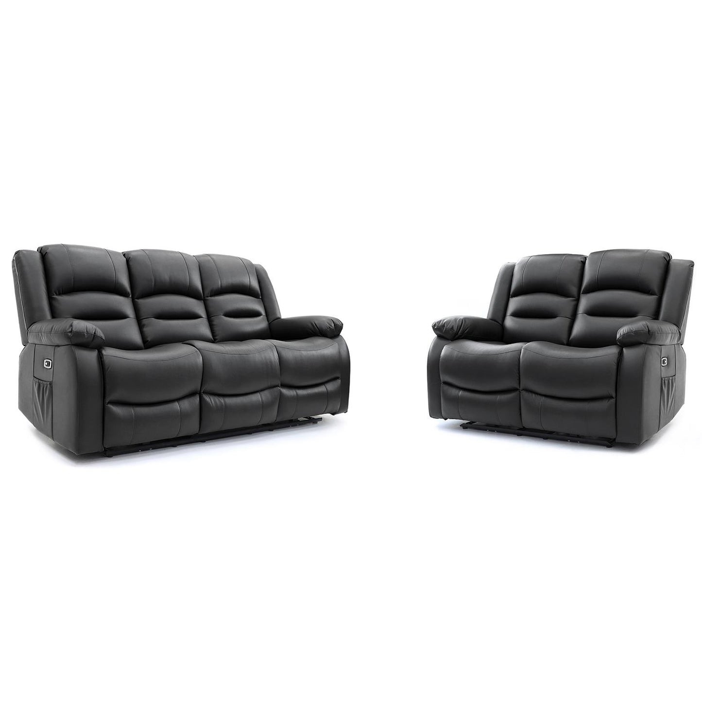 Arlo Leather Like Black or Grey 3 + 2 Electric Reclining Sofa Suite USB Charging + Drinks Tray