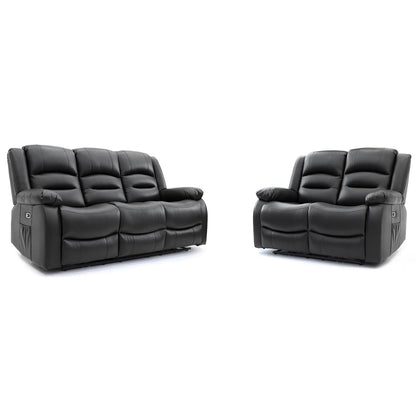 Arlo Leather Like Black or Grey 3 + 2 Electric Reclining Sofa Suite USB Charging + Drinks Tray